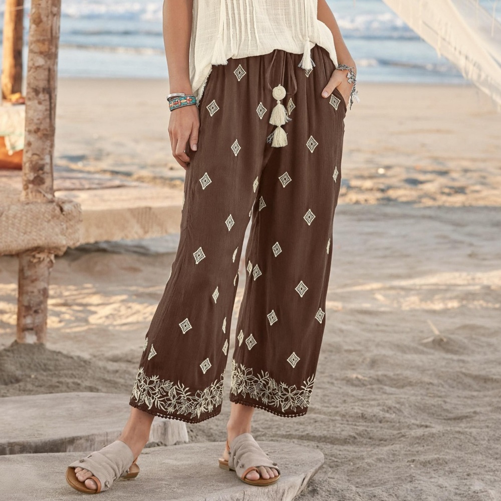 Sundance Le Meridien Pants Wide Leg Embroidered Crop Elastic Waist Pockets M